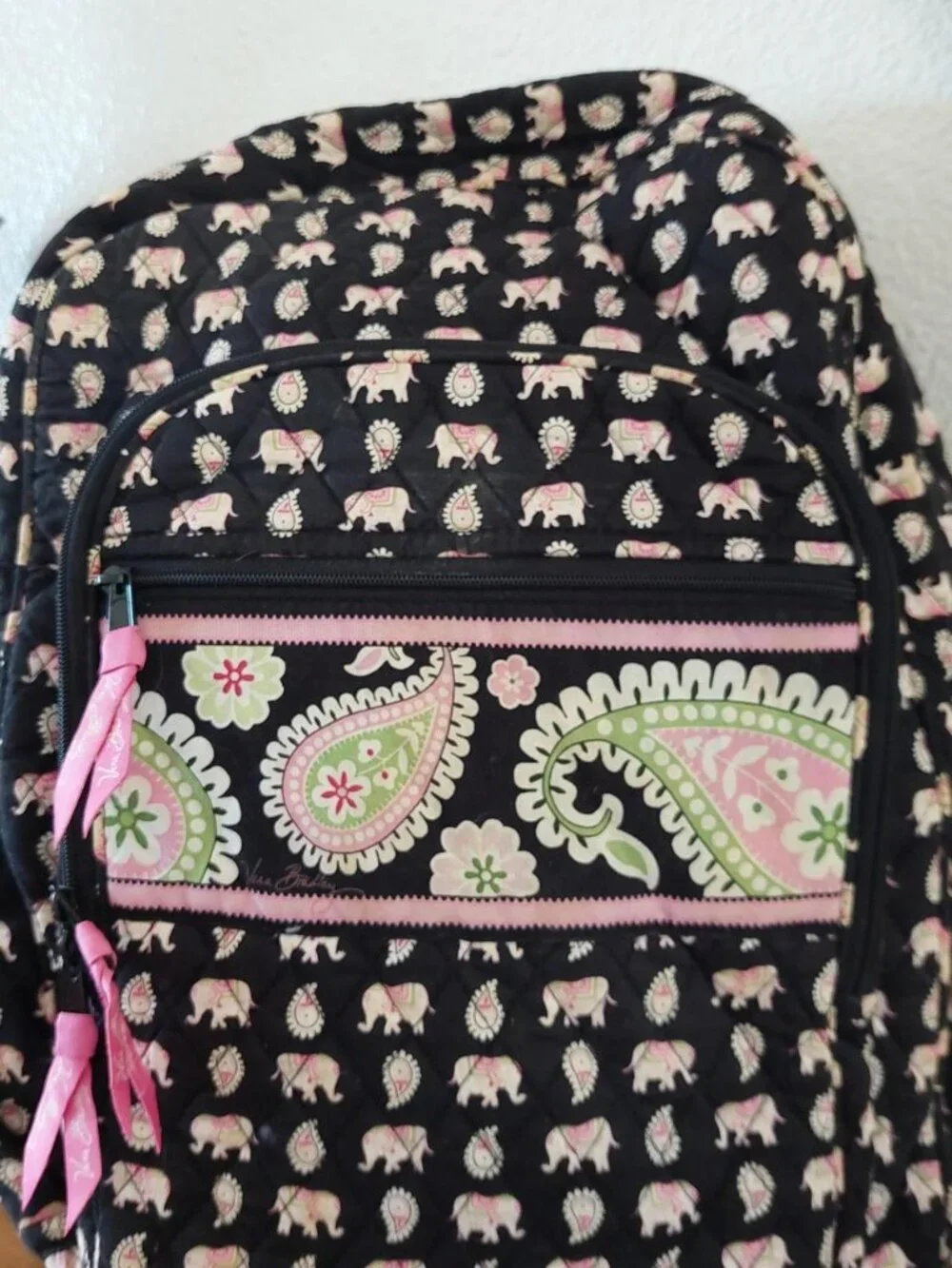 vera bradley backpack Pink & black backpack with white elephant and leaf pattern
